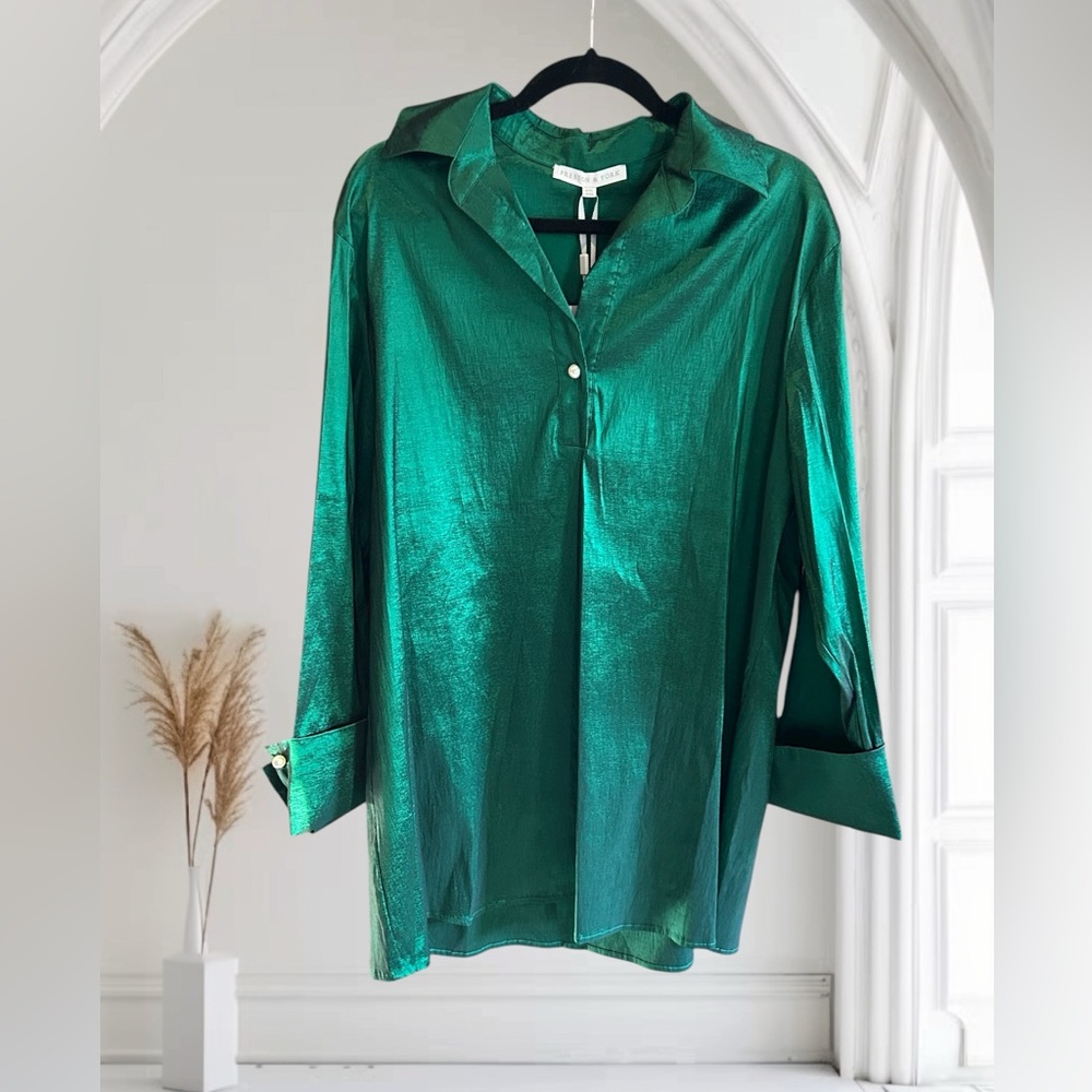 NWT PRESTON & YORK Thea Tafetta Point Collar‎ Tunic Blouse Pine Green Shine XXL